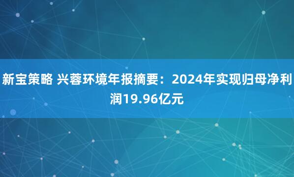 新宝策略 兴蓉环境年报摘要：2024年实现归母净利润19.96亿元